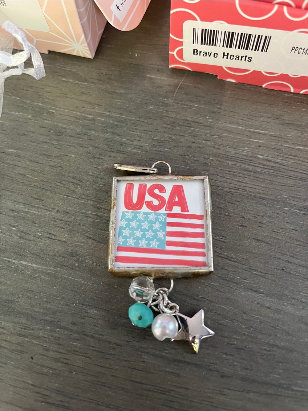 Plunder Red White Blue USA Flag Charm Pendant with Star and Beads